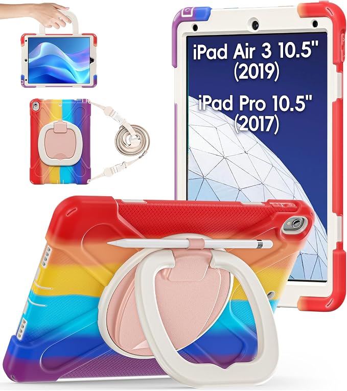 BATYUE Shockproof Case for iPad Air 3rd Gen 2019 &amp iPad Pro 10.5 2017 | with 360° Rotating Stand &amp Pencil Holder &amp Shoulder Strapfor Daily Use &amp Office/School/Outdoor - Navy Blue