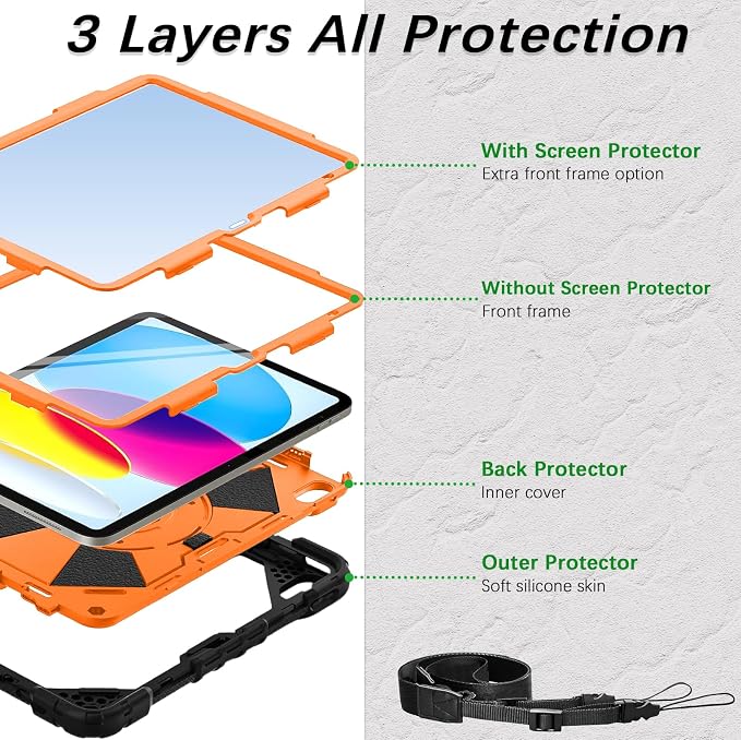 Weuiean Case for iPad A16 11th/10th Generation 11/10.9 Military-Grade Heavy-Duty Shockproof Cover with 360° Rotating Stand Built-in Pencil Holder &amp Adjustable Hand/Shoulder Strap - Black