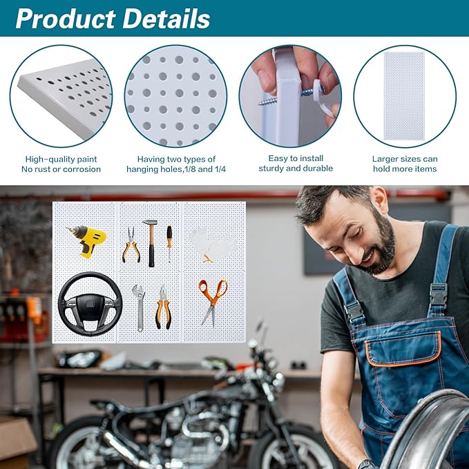 Daanxw Pegboard Rack Garage Storage Steel Horizontal PegBoard Pack,Steel Pegboard Heavy Duty- 3 Pack 16-Inch X 36-Inch Metal Peg Board Tool Organization Panels (White)