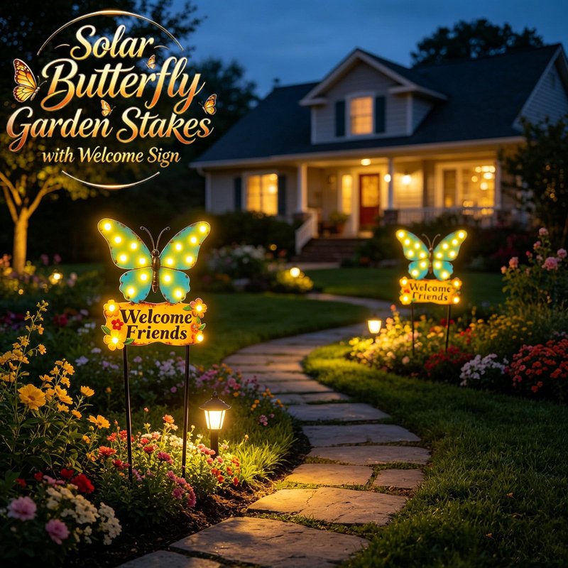 Decorative Garden Stakes Large 45" with 18 Bulbs Solar String Lights Outdoor Waterproof, Butterfly Solar Lights for Outside with Welcome Friends Garden Sign for Yard, Patio, Pathway