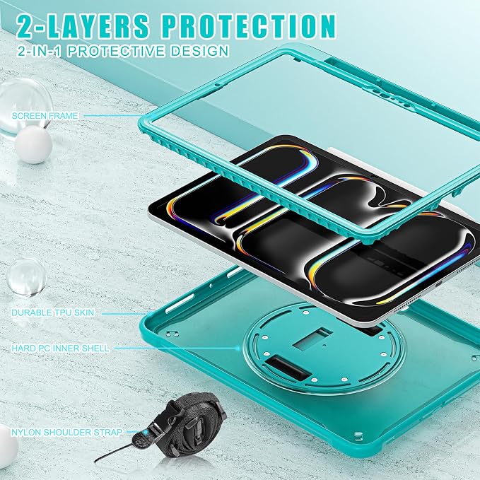 ZenRich Clear Case for iPad Pro 11-inch M5 2025 / M4 2024 LightBlue | Screen Protector Pencil Holder 360°Rotating Kickstand Carrying Strap Shockproof Protective Rugged