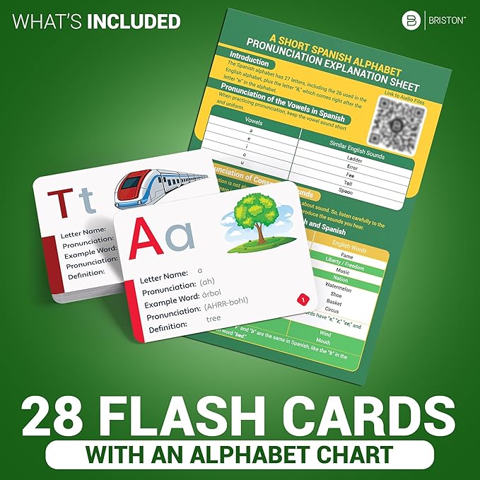Briston Spanish Alphabet Flash Cards with Audio – 28 Durable 350 GSM Cards for Kids & Adults – Learn Spanish Letters & Pronunciation – Educational Language Learning Set for Classroom & Homeschool