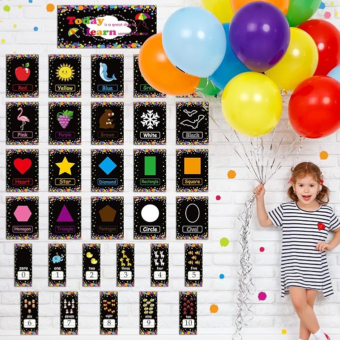 58 Pieces Educational Preschool Cards Kids Early Learning Poster Alphabet Number Colors and Shapes Bulletin Board Decoration Kindergarten Classroom Learning Card with Glue Point Dot (Cool Style)