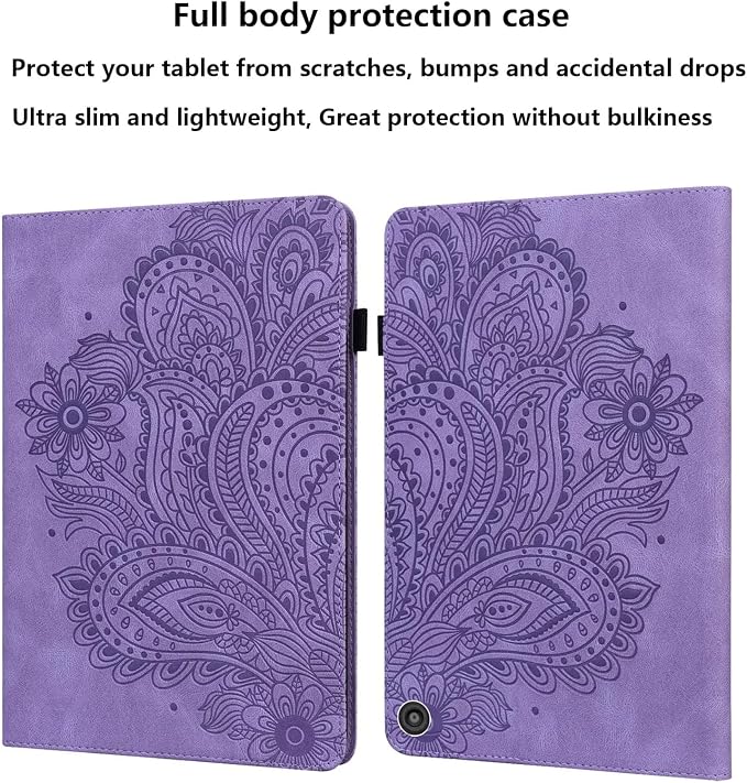 for Kindle Fire HD 8 Tablet (only Fits 10th Generation) &amp Fire HD 8 Plus 8 Case 2020 with Stand/Pencil Holder/Card Pocket/Elastic Band Embossed PU Leather Floral Cover Brown Peacock Flower