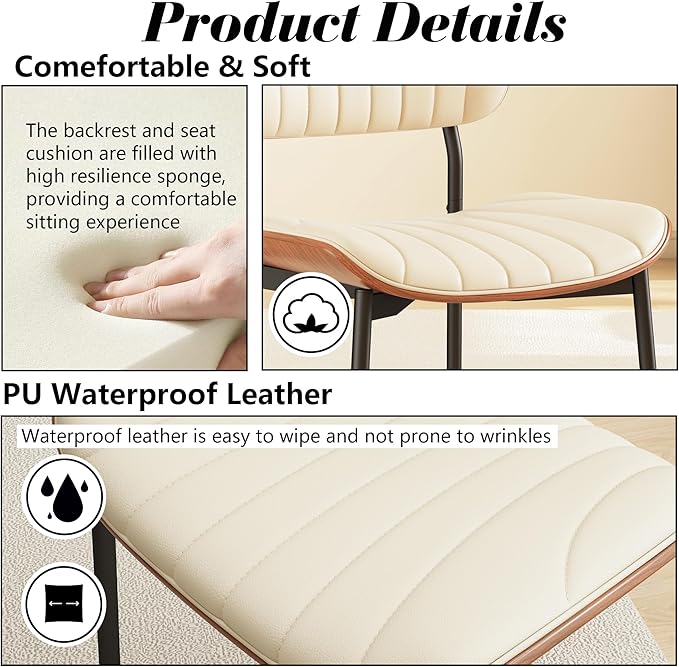 Modern PU Leather Dining Room Chairs Set of 6, Upholstered Kitchen Chairs with Curved Wood Backrest and Metal Legs Adjustable Feet for Kitchen Dining Room(Beige)
