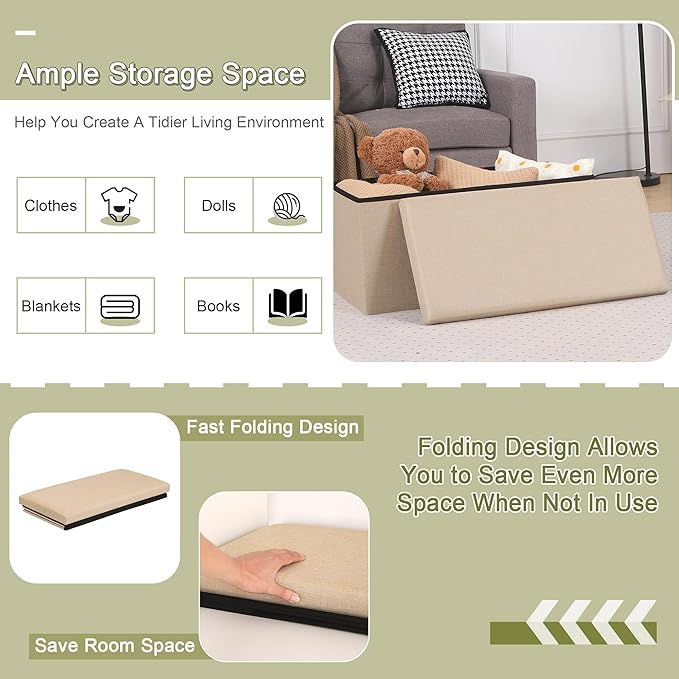 VECELO 30'' Folding Storage Ottoman Bench, End of Bed Linen Fabric Foot Rest Stool with Padded Seat, Large Footstools for Bedroom, Living Room, Load 500 lb, Khaki