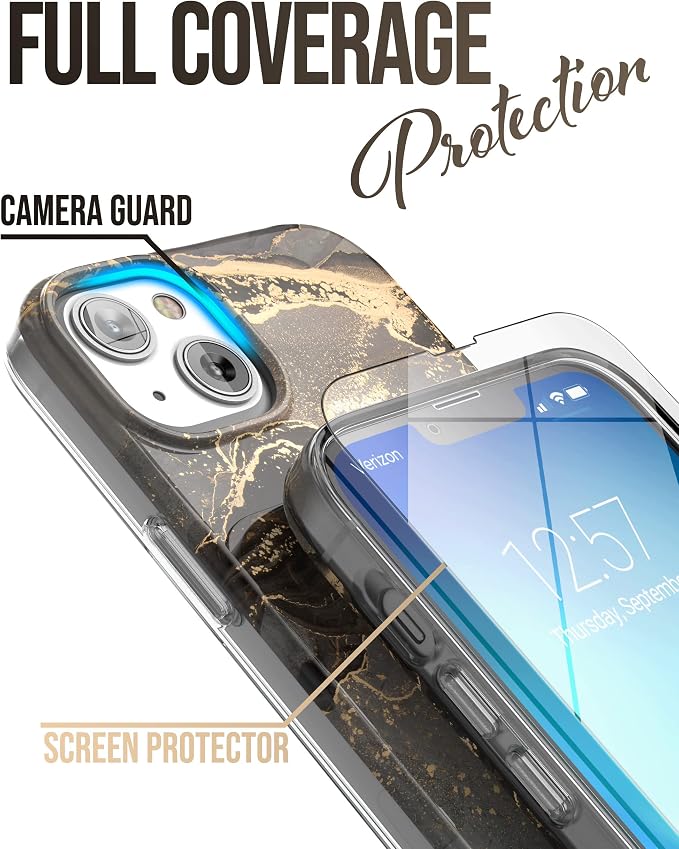 ENCASED Finger Loop Case Designed for iPhone 14 Plus Case with Hand Strap Phone Holder and Screen Protector (Black/Gold Marble)