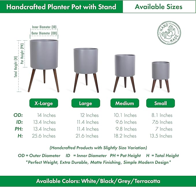 D'vine Dev 12 Inch Planter Pot with Stand, Mid-Century Tall Plant Pot with Legs for Indoor Plants, Large, Grey, 88-O-C-3