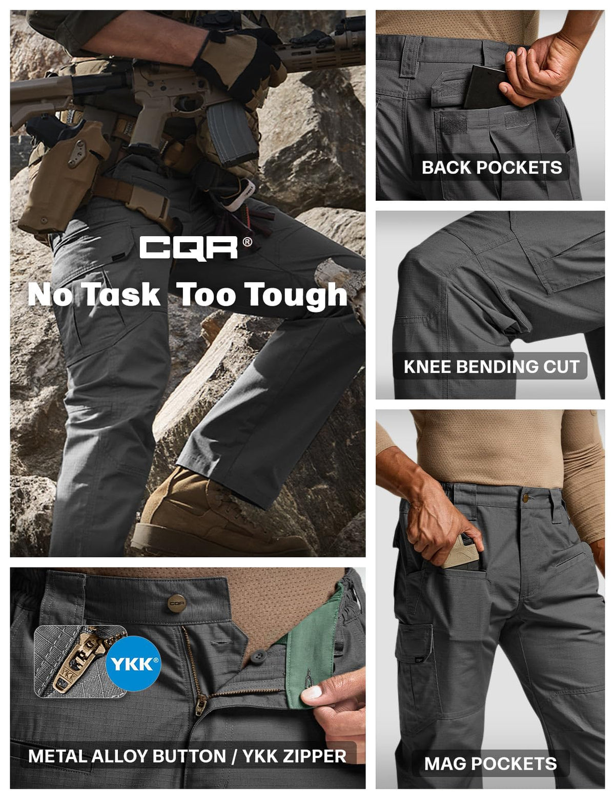 CQR Men's Tactical Pants, Water Resistant Ripstop Cargo Pants, Lightweight EDC Work Hiking Pants, Outdoor Apparel, Raider Charcoal, 40W x 30L