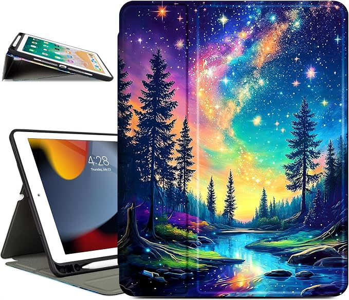 Lokigo Case for iPad 9th/8th/7th Gen 10.2 Air 3rd/Pro10.5 Aurora Forest | Protective Folio Soft Back Cover Pencil Holder for Teens/Students/Office Staffs 4 Angles Viewing Stand Auto Wake/Sleep