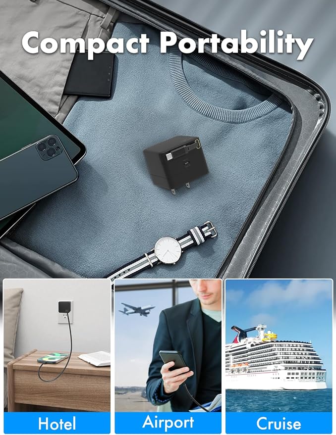USB C Retractable Charger GaN PD 35W Charger Block Black | Type C Cable Portable Wall Phone Fast Charging Adapter Foldable Plug for iPhone 17/16/15 Pro Max/iPad/Galaxy/Pixel