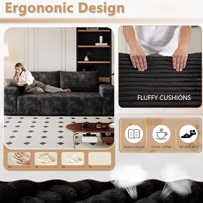 Cloud Loveseat Sofa, Modern Corduroy 2-Seater Couch with Deep Seat, No Assembly Required Memory Foam Sofa, Boneless Sofa in a Box for Bedroom, Apartment, Office,Small Space (Black,70.8in)