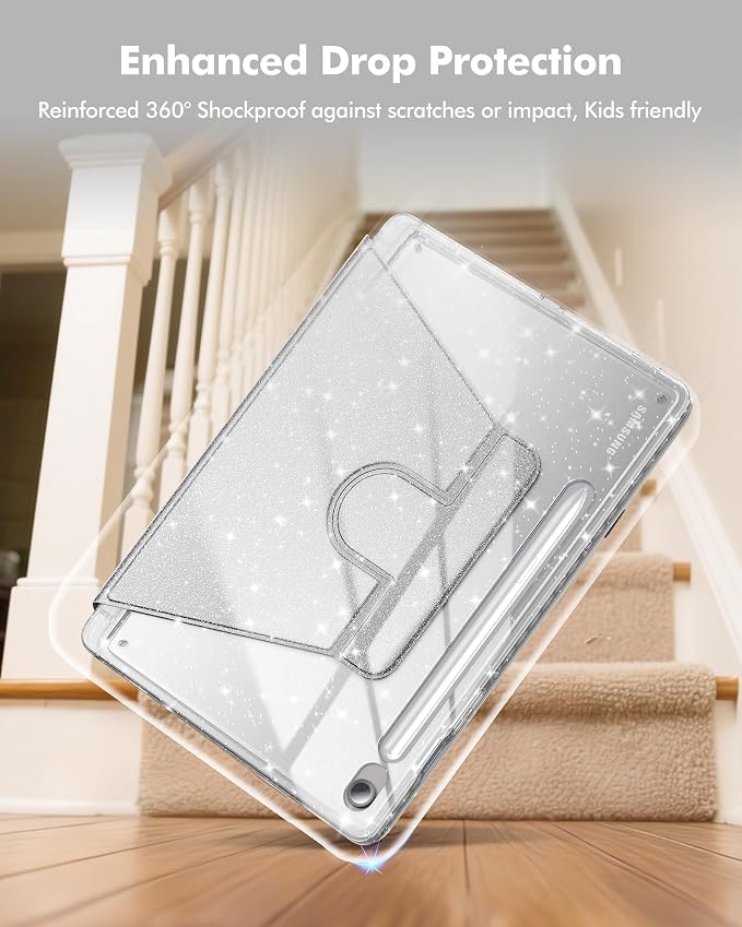 INFILAND Rotating Case for Samsung Galaxy Tab S10 FE/ S9 FE 5G 10.9 Inch/Tab S9 11 Inch 360 Cute Glitter Cover with Clear Back S Pen Holder for Girls Kids Woman (Black)