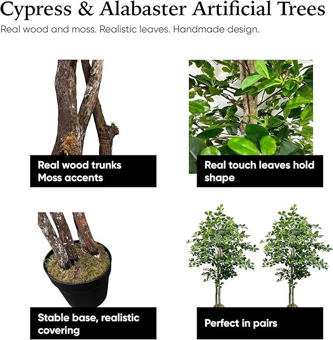 Cypress & Alabaster Handmade 5ft Italian Black Olive Leaf Artificial Tree with Ethically Sourced Real Wood Trunks, Hypoallergenic, 5-Foot, Green