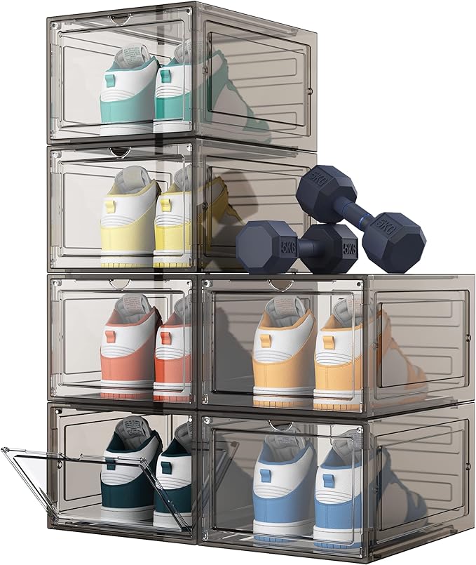 HOMIDEC Shoe Storage, 6 Pack Shoe Organizer Hard Plastic Shoe Box, Shoe Boxes Clear Plastic Stackable, Shoe Boxes with Lids for Size 13, Clear Smoke