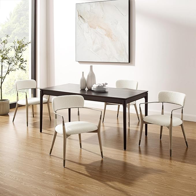 Art Leon Wishbone Dining Chairs - Mid Century Modern Dining Room Chairs, Boucle Fabric Upholstered Accent Chairs with Wood Legs, Arm Chair with Open Backrest, Set of 4, White
