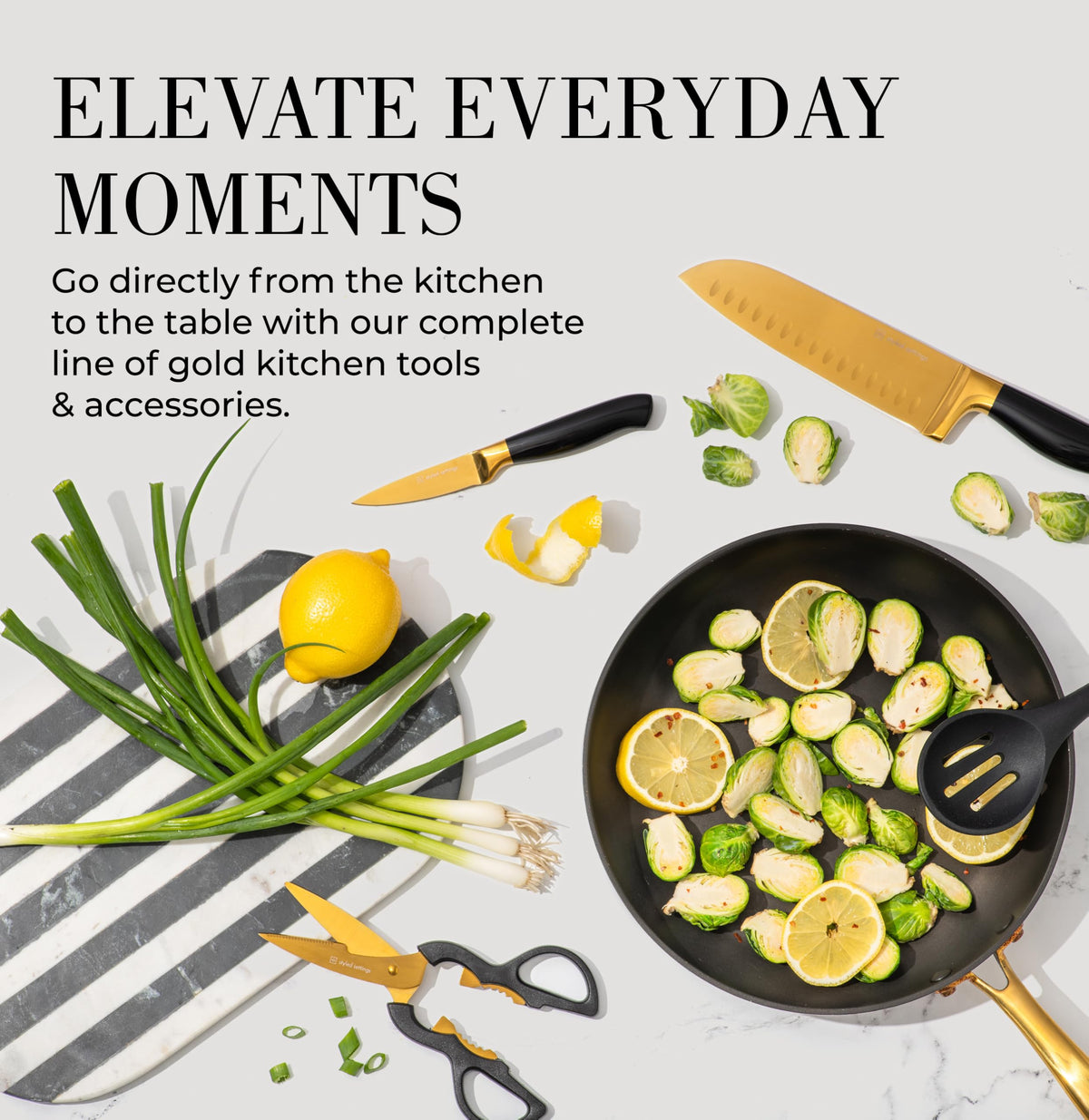 Styled Settings White and Gold Knife Set with Block and Sharpener 14-Piece