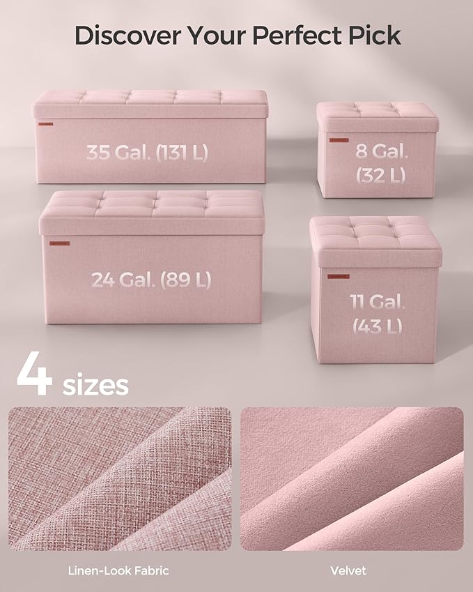 SONGMICS MAZIE Collection - Small Folding Storage Ottoman, Foot Rest Stool, 12.2 x 16.1 x 12.2 Inches, 286 lb Load Capacity, for Living Room, Bedroom, Home Office, Dorm, Jelly Pink ULSF102R01