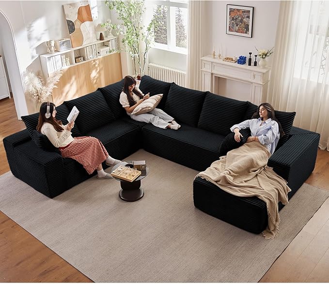 Sectional Cloud Couch with L-Shape Chaise, Modern Modular Comfy Sofa with Deep Seat, Upholstered Corduroy Couches Stupendous U Shaped Sofas for Living Room Bedroom, No Assembly Required, Black