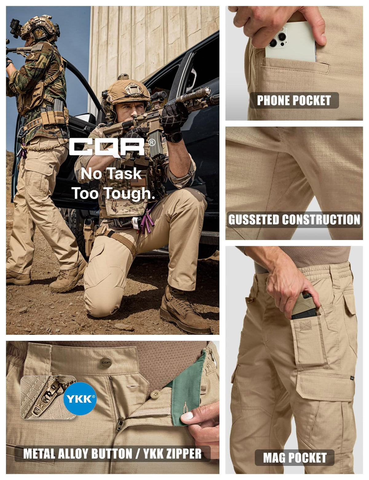 CQR Men's Tactical Pants, Water Resistant Ripstop Cargo Pants, Lightweight EDC Work Hiking Pants, Outdoor Apparel, Duratex Mag Pocket Khaki, 38W x 34L