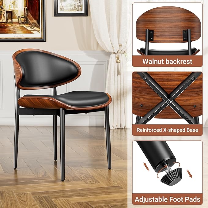 Dining Chairs Set of 2, Dining Room and Kitchen Chairs, Mid Century Modern Retro Chair, Upholstered PU Leather Chairs for Vanity with Walnut Bentwood and Metal Legs (Black)