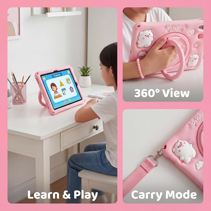 Case for iPad A16 11th / 10th Gen 10.9-Inch 3D Pig Cartoon | Cute Kawaii Cover with 360° Rotating Kickstand &amp Shoulder Strap Soft Silicone Shockproof Protective Case Pink