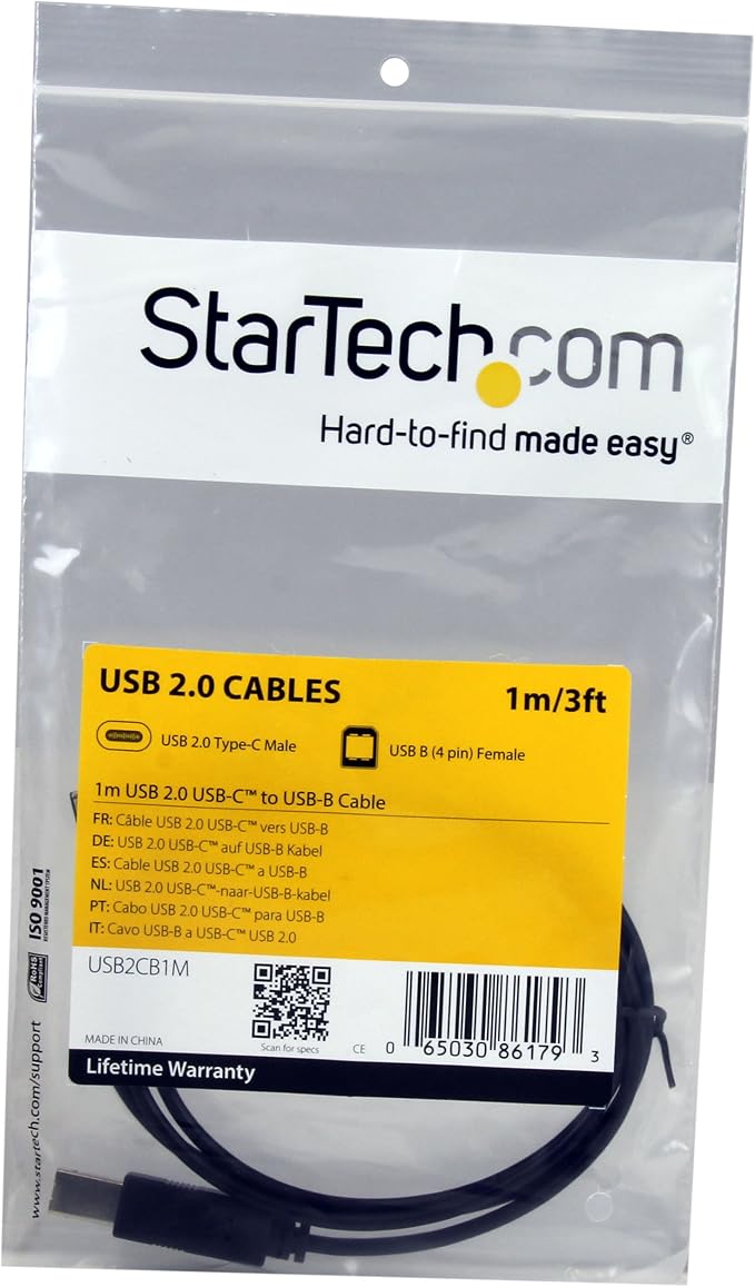 StarTech 3.3ft/1m USB-B to USB-C Cable USB 2.0 Data Cord (USB2CB1M)