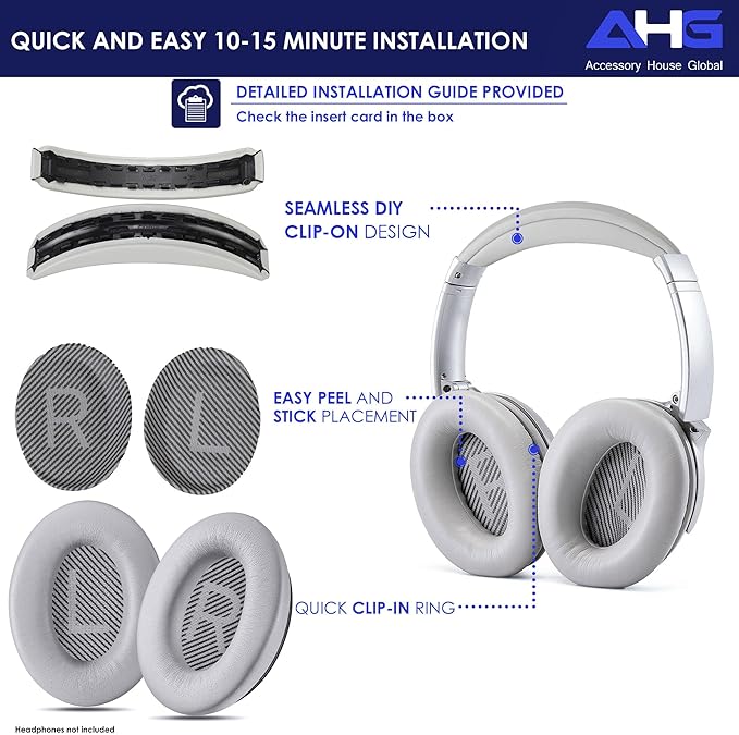 Replacement QC Ear Pad and Headband Pad Kit Cushion. Compatible with Bose QuietComfort (2023) QC45 QC35 QC35 II QC SC QC SE Wireless Noise Cancelling Headphones (Grey)