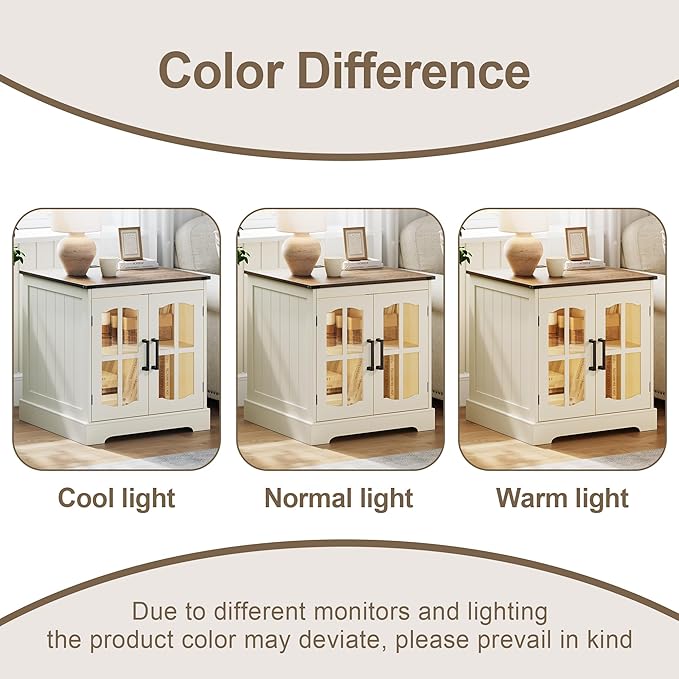ChooChoo Farmhouse End Table with Charging Station, 24" Large Sofa Side Table with LED, Square Nightstand with Glass Barn Door, Bedside Table with Storage for Living Room, Beige（Cream and Brown