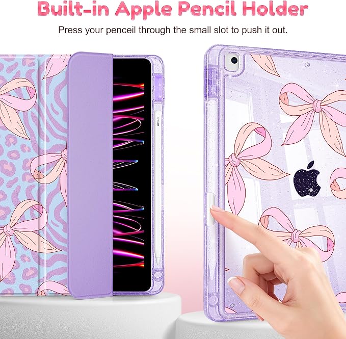 Case for iPad 9th/ 8th/ 7th Generation 10.2-Inch Case(2021/2020/2019 Release) Glitter Tablet Cases with Transparent Acrylic Back+Trifold Stand+Pencil Holder+Auto Wake/Sleep Bows-Stripe