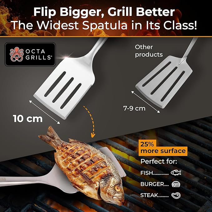 OctaGrills 3-Piece BBQ Utensil Set – Premium Stainless Steel Grill Tools with Extra Wide Spatula - Pakka Wood Handles & Leather Hanging Loops (Spatula, Tongs & Fork)