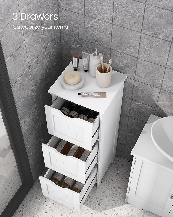 VASAGLE Floor Storage Cabinet, Freestanding Storage Unit with 3 Drawers, 11.8 x 12.6 x 31.9 Inches, for Bathroom, Living Room, Kitchen, Modern Style, Matte White UBBC50WT