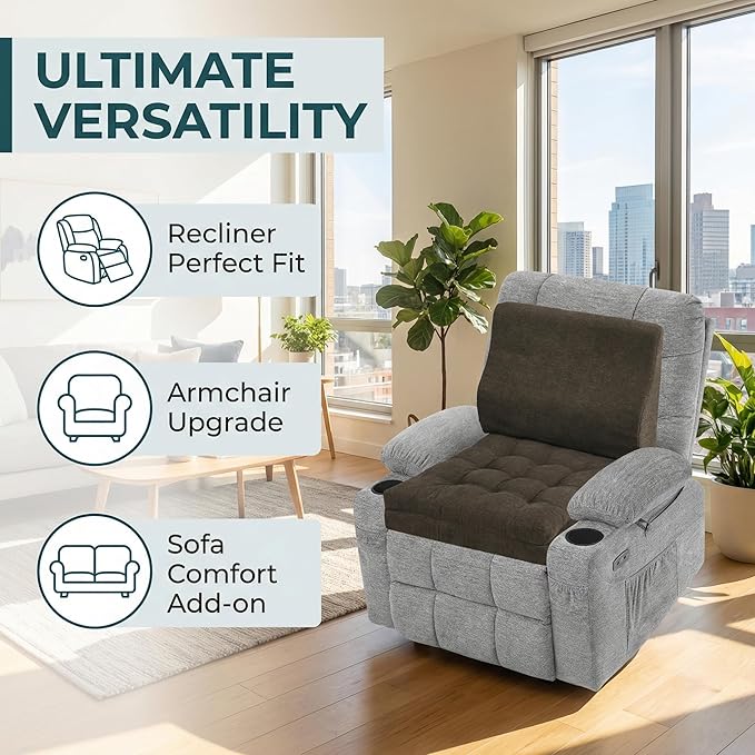 baibu Memory Foam Recliner Cushions with Lumbar Support Pillow Set for Elderly, 20x20x5 Inch Dual-Layer Design Non-Slip Recliner Seat Cushion & Back Support Pillow for Reduce Hip & Lumbar Pain, Brown