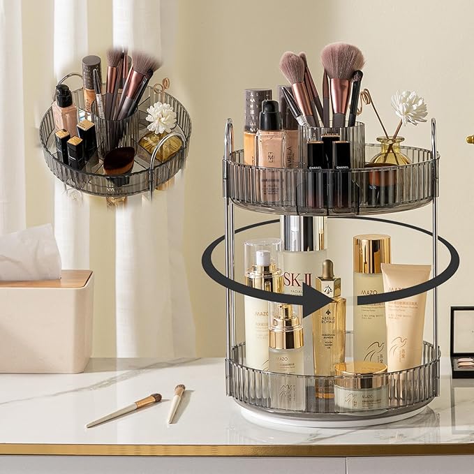 Rotating Makeup Organizer for Vanity, High-Capacity Skincare Clear Make Up Storage Perfume Organizers Cosmetic Dresser Organizer Countertop 360 Spinning (Gray, New-2 Tier)