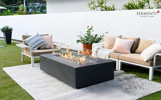 Elementi+ | Bundle Cape Town Gas Fire Pit Cast Concrete 56" Rectangular Fire Table, Outdoor Fire Pit Electronic Ignition | Canvas Cover, Fire Glass and Burner Lid Included | Dark Gray | Propane Gas