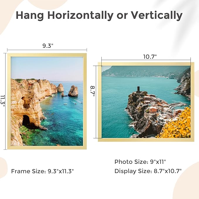 9x11 Metal Picture Frame - Gold Aluminum Picture Frames with Real Glass, Wall Mounting Horizontally or Vertically, Simple and Elegant Decor for Wall Gallery Poster Photo 11x9 Frame, Gold