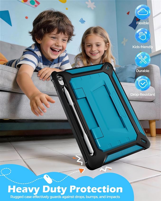 ProCase Kids Case for 11 iPad (A16) &amp 10.9 iPad 10th Gen Black | 180° Adjustable Kickstand with Pencil Holder 3-Layer Heavy Duty Rugged Shockproof Hard Shell Cover