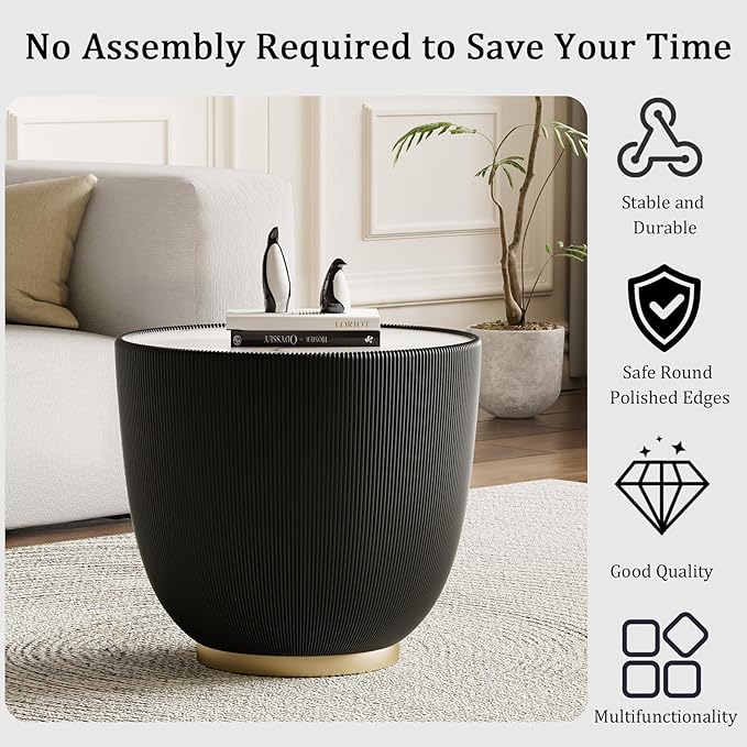 Round Coffee Table Set with Sintered Stone Tabletop, 29.53" Orange Drum Center Table and 19.69" Black Coffee Table Set, 2 Pieces Living Room Table Set with Fluted PU Leather Cover& Metal Base