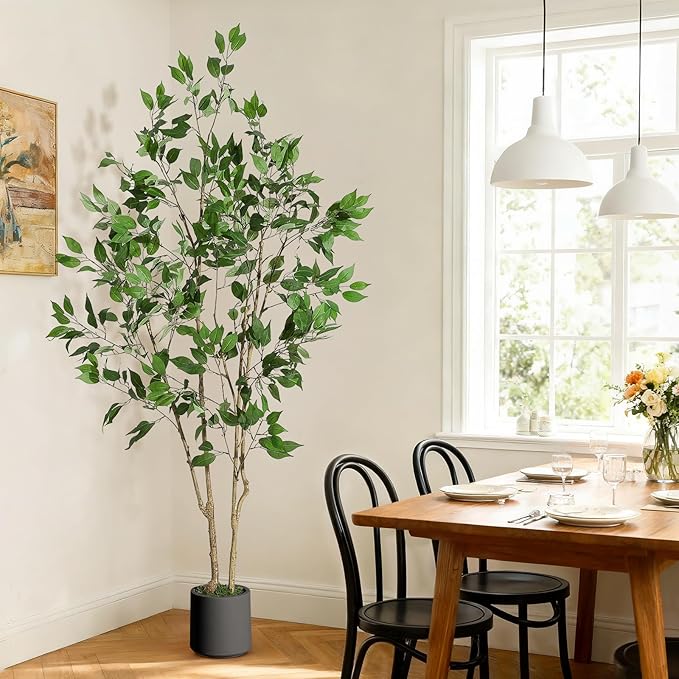 6FT Ficus Trees Artificial Indoor, Faux Silk Plant with Natural Wood Trunk and Lifelike Fruits, Black Imitation Ceramic Planter with Green Fake Moss for Modern Home Office Living Room Decor