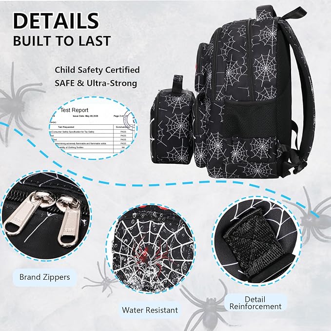 Boys Backpack with Lunch Box Glow in Dark Bookbag Kids Ages 4-12 Kindergarten Elementary School Spider Backpack, Luminous Spider Black