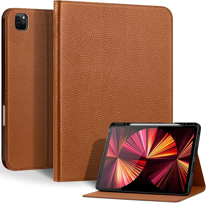 Genuine Leather Case for iPad 11th Gen 11/10th Gen 10.9 Black | Pencil Holder Adjustable Stand Auto Wake/Sleep Shockproof