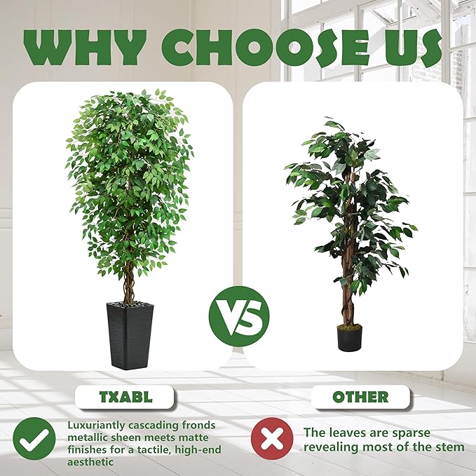 Artificial Ficus Tree 6FT Faux Floor Tree with Planter UV Resistant Potted Fake Silk Plant-Indoor Outdoor Lifelike Fake Ficus Tree for Home, Living Room Bedroom Topiary Tree