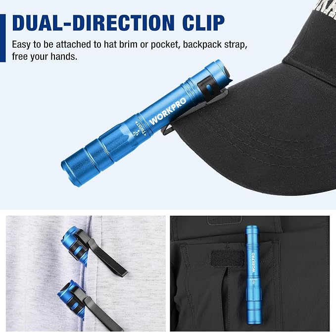 WORKPRO Rechargeable Pen Light 2 Pack Ultra-Compact EDC Flashlight Black | Mini Flashlight Pocket Flashlight with Clip Memory Function and 2 x USB C Cable Included