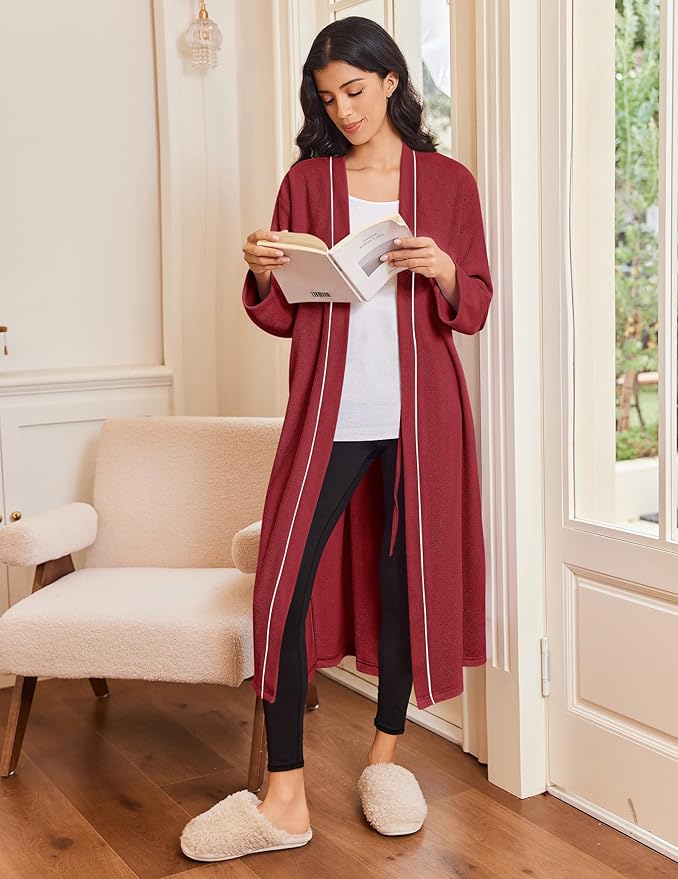Ekouaer Robes for Women Long Sleeves Bathrobe V Neck Cozy Housecoat Lightweight Fleece Robe with Pockets S-XXL