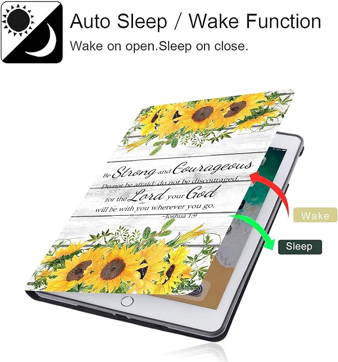 iPad 10.2/10.5 CaseCase for iPad 9th / 8th / 7th Generation (2021/2020/2019) 10.2 inch/ iPad Air 10.5 2019 Christian Bible Verses Scripture Joshua 1：9 Be Strong and Courageous Sunflowers