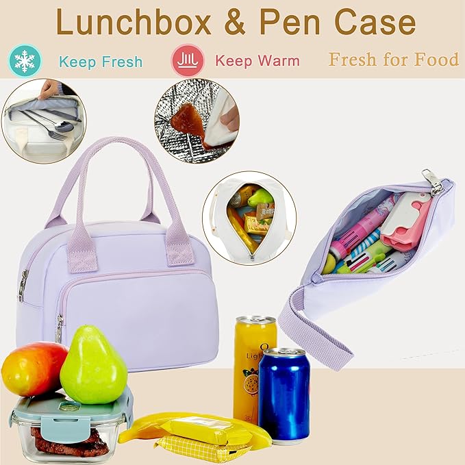 School Backpack for Teen Girls Women College Laptop Backpacks Girl Cute Bookbag Set with Lunch Box Pencil Case Kids Elementary Middle High Bag 3 Pcs Students Bookbags Set Travel Daypack-Purple