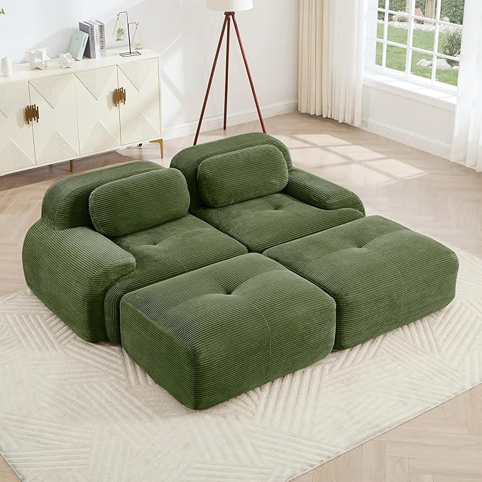 Green Ottoman for Modular Sectional Sofa, Corduroy Deep Seat for Oversized Compressed Boneless Sectional Couches for Living Room Bedroom Apartment, Cloud Sofa Couch, Memory Foam, No Assembly