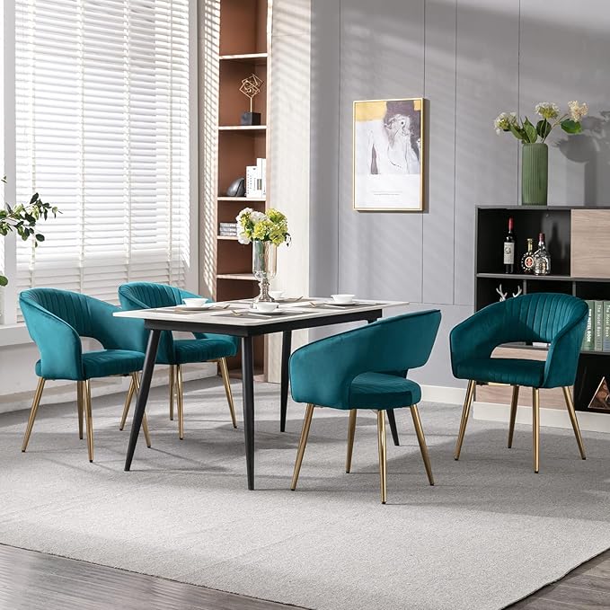 Modern Velvet Dining Chairs Set of 4, Upholstered Gold Dining Chairs with Hollow Back, Dining Room Chairs with Gold Legs, Accent Armrest Kitchen Chairs for Living Room Reception Teal Blue