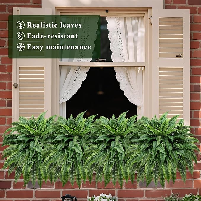 ALAGIRLS UV-Resistant Fake Boston Fern Bush with 128 Branches, 51" Large Faux Ferns for Outdoors, Artificial Fern Plants for Front Door Office & Living Room Decor（Pot is not Included）
