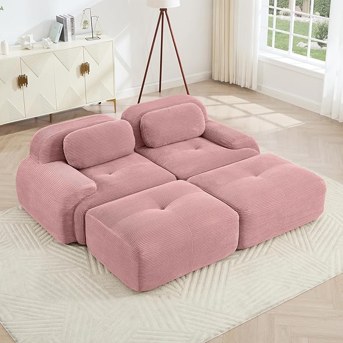 80" Modern Compressed Boneless Love Seat Couches with 2 Ottomans, 2 Seater Large Sectional Couches for Living Room, Pink Corduroy Cloud Modular Sectional Sofa, Memory Foam, Deep Loveseat, No Assembly